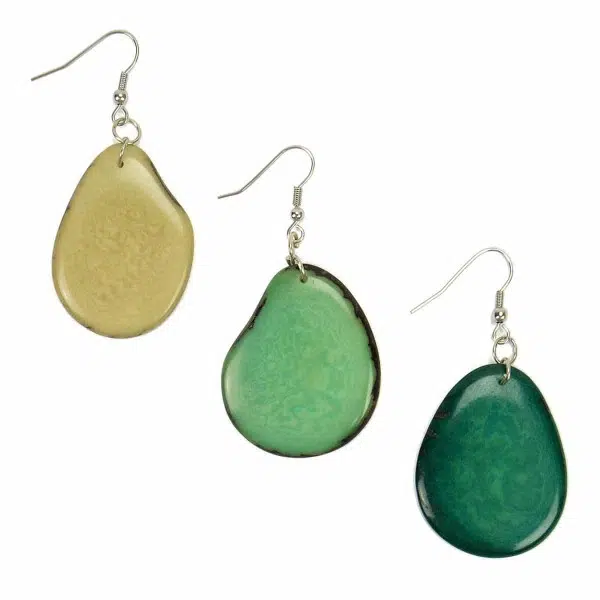 A picture of three different colored waterfall earrings, the three colors in this picture are, dark yellow, light green, and dark green.
