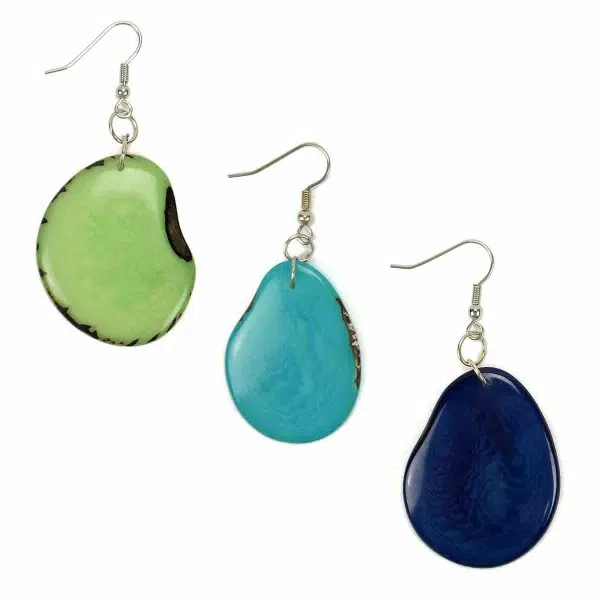 A close up of there waterfall earrings, there colors are, green, turquoise, and blue.