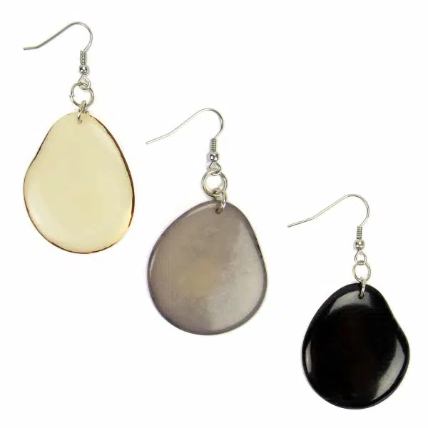 A picture of three different colored waterfall earrings, those colors are, white, grey, and black.