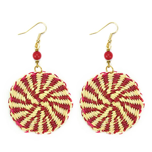 A close up picture of the disco straw earrings, comes in a verity of colors, this colors is red and white.
