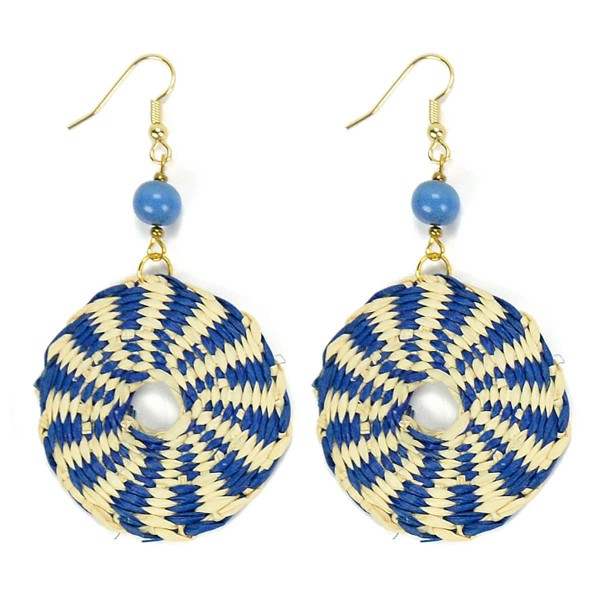 A close up picture of the disco straw earrings, comes in a verity of colors, this colors is blue and white.