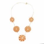 Woven straw circles added on a chain to make this necklace, the straw circles come in a verity of colors. The color in this picture is orange.