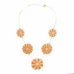 Woven straw circles added on a chain to make this necklace, the straw circles come in a verity of colors. The color in this picture is orange.