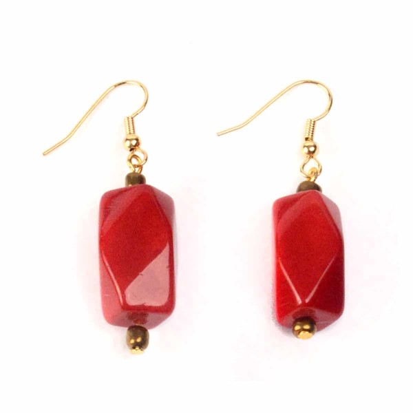 A close up of the red facet earrings