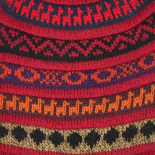 Dark red hat with brightly colored designs