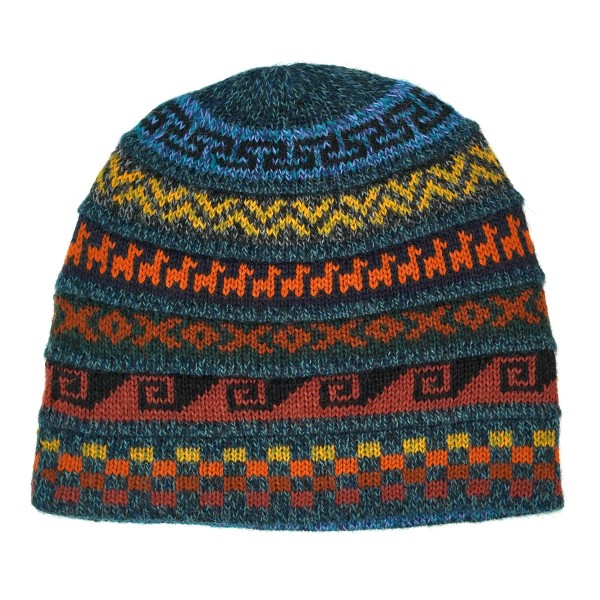 Dark blue hat with brightly colored designs