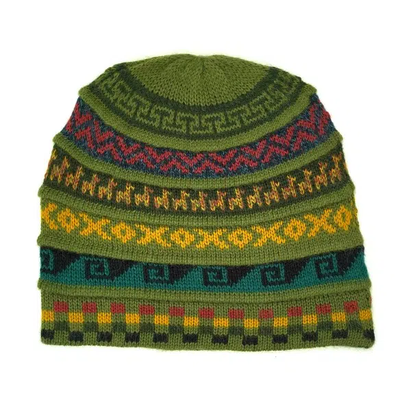 Dark green colored hat with different colored design