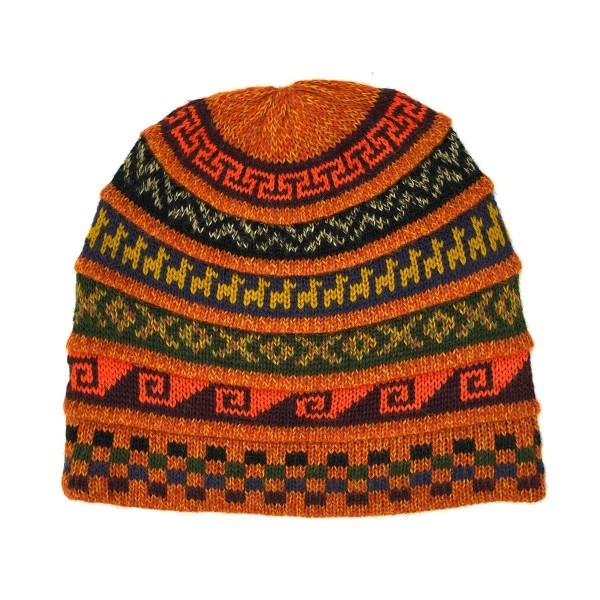An orange colored hat with yellow and black designs on it