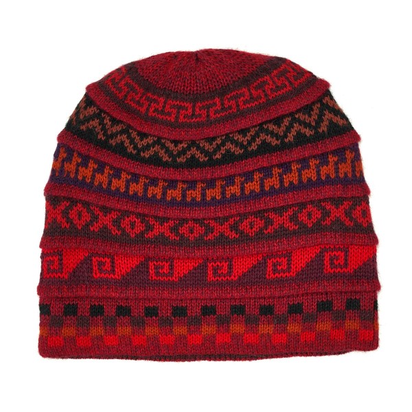 Darkly colored hat with different shades of red and designs