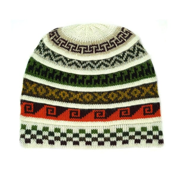 A brightly colored hat with different colored designs