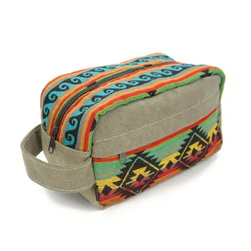 Canvas dopp kit profile view showing zippers and holder