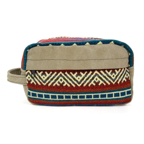 Tan canvas dopp kit bag with blue and red tribal pattern