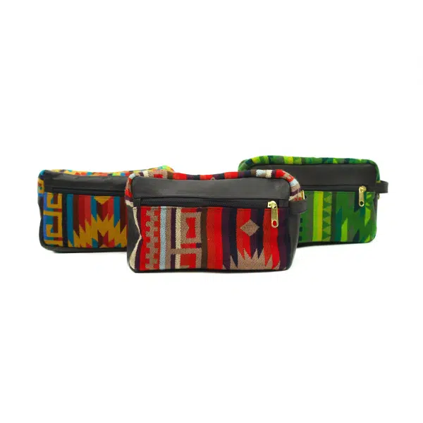 Large black leather dopp kit bag with tribal patterns