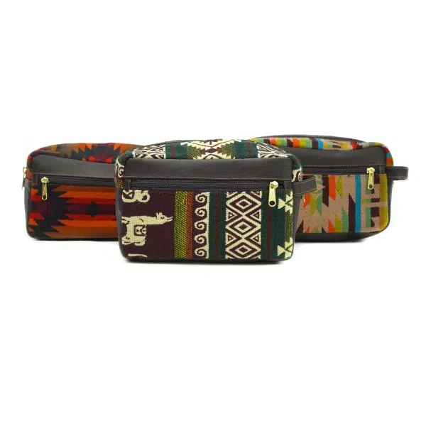 Large dark brown leather dopp kit bag with tribal patterns