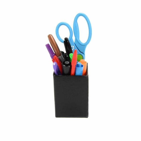 A picture of a black leather pen holder holding pens, pencils, and scissors