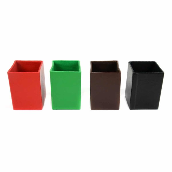 The different colors that the leather pen holder comes in, those colors are, red, green, brown, black
