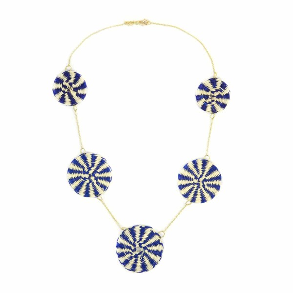 Woven straw circles added on a chain to make this necklace, the straw circles come in a verity of colors. The color in this picture is blue.