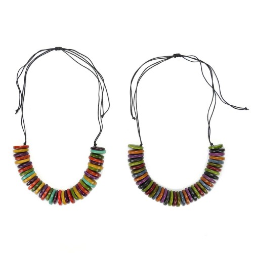 A multi colored tagua necklaces.