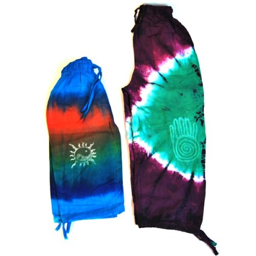 A bundle of three tye-dyed pants that come in a verity of colors