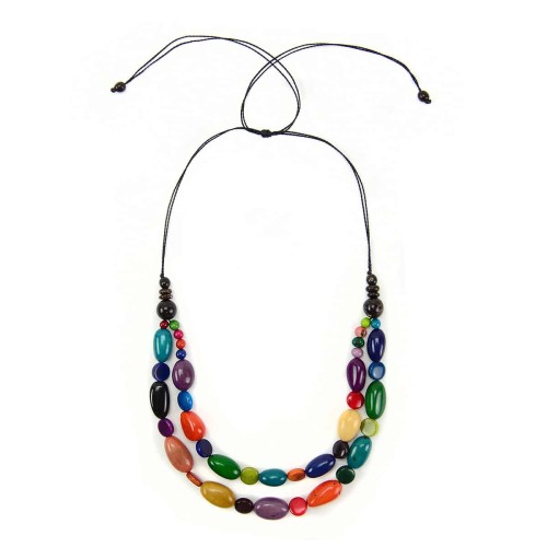 A necklace with two tiers, made out of multi colored jungle seeds.