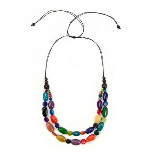 A necklace with two tiers, made out of multi colored jungle seeds.