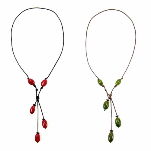 A picture of the five visola necklace, this simple necklace has five beads that come in a verity of colors. The colors in this picture are red, and green.