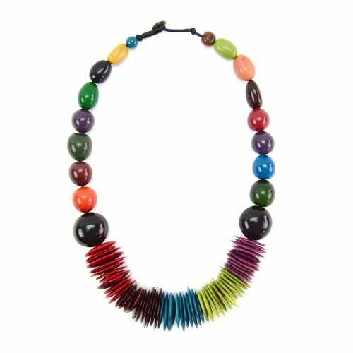 A picture of a necklace made from pambil slices and pieces. this necklace comes in multi colored.