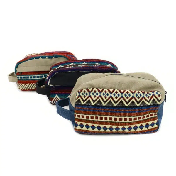 Canvas dopp kit bags with tribal pattern in natural tones