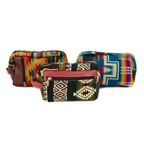 leather dopp kit bags in red ,brown and black with tribal patterns