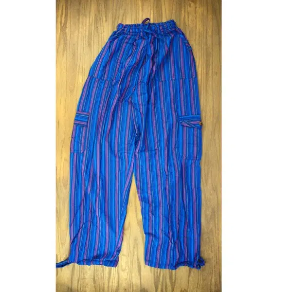 Bright blue striped pants, that have five pockets, an adjustable waist and ankles