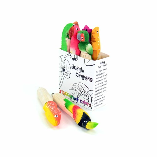 Boxed Balsa Crayon Bundle with different hand-carved and painted tropical animals