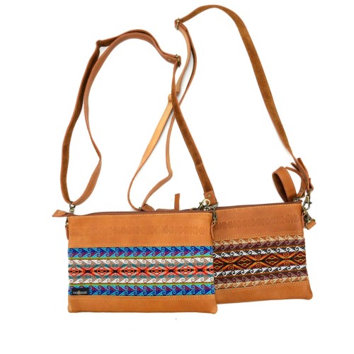 Tan leather Tupac crossbody bags with Blue and brown Chumbi fabric accents