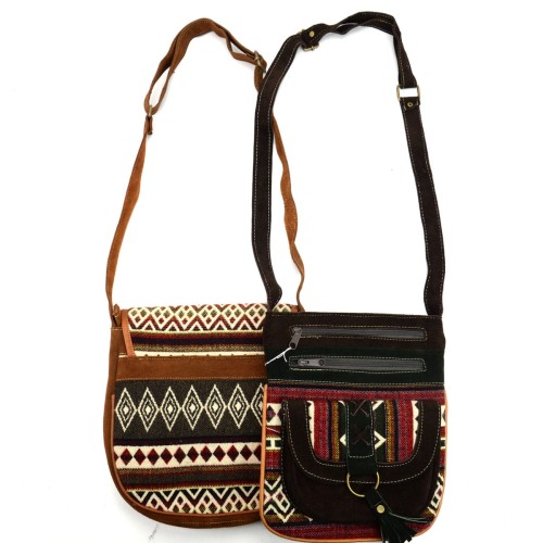 Tan and dark brown suede crossbody bags with chumbi textile accents