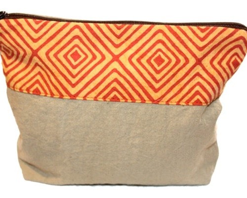 Beige with orange geometric pattern cosmetic bag