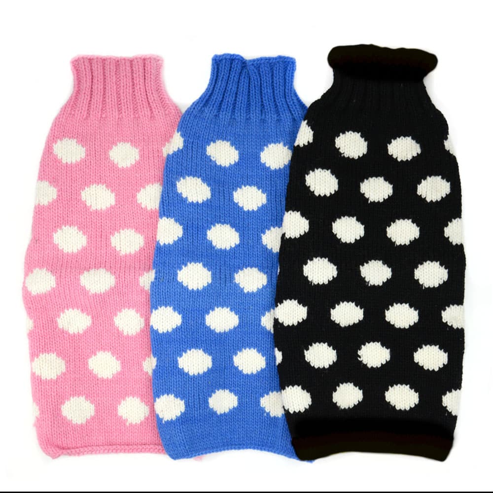 large dog sweaters with poke-a-dots, the dog sweaters come in pink, blue, black