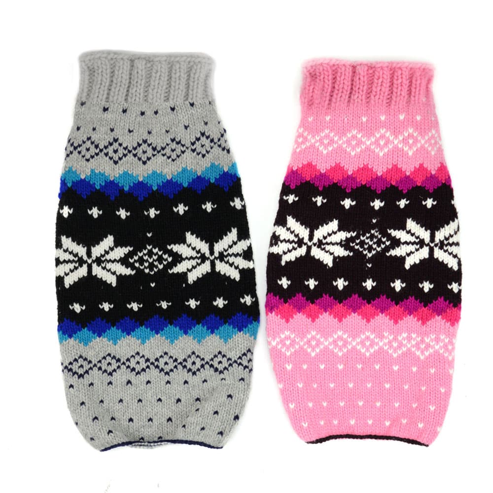 Large dog sweaters with winter based designs on them, these two come in the color grey and pink