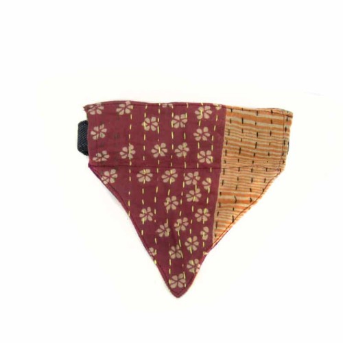 A small cat collar with a small kerchief attached to it, the kerchief color is maroon and dark yellow