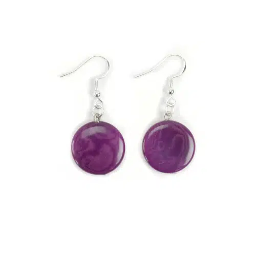 A close up picture of purple earrings for the bubble set.