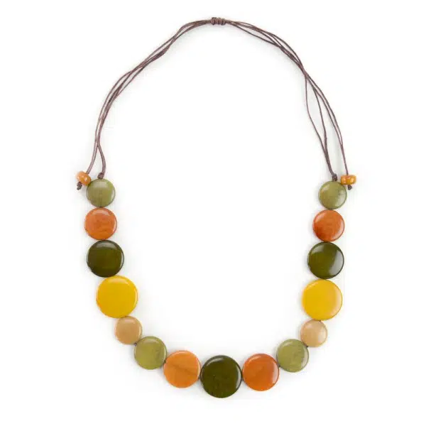 A picture of the bubble necklace, the color of this necklace, is fall themed. The colors are green, dark green, yellow, orange, and tan.