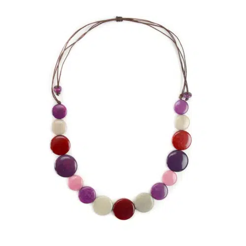 A picture of the bubble necklace, comes in bright fun colors, this color is purple, red, pink, and white.