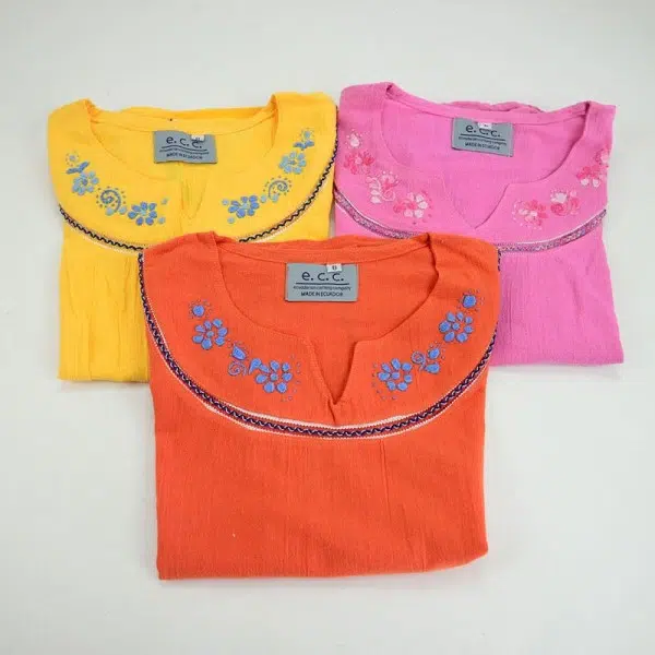 short sleeve shirts, comes in bundles of three, they are embroidered on the top and they come in different colors, this set comes in, yellow, pink, and red