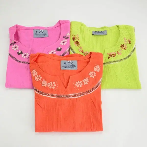 short sleeve shirts, comes in bundles of three, they are embroidered on the top and they come in different colors, this set comes in, lime, pink, and red