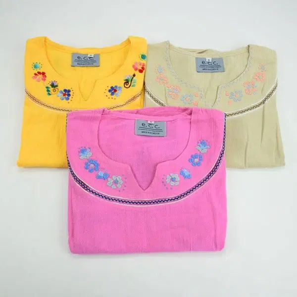 short sleeve shirts, comes in bundles of three, they are embroidered on the top and they come in different colors, this set comes in, yellow, pink, and brown