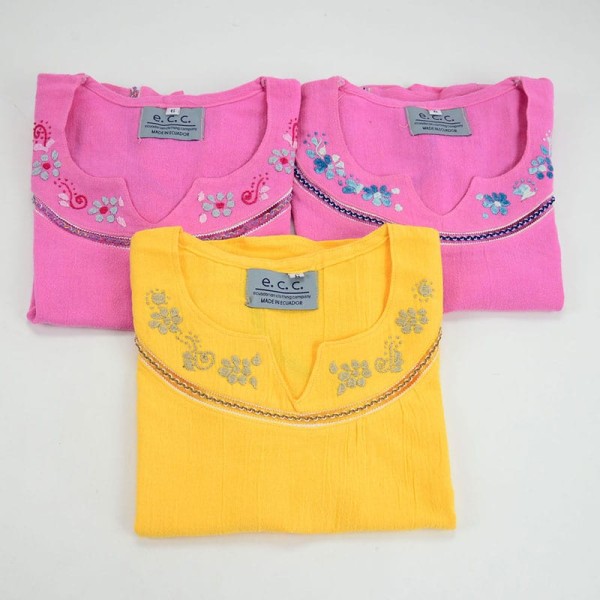 short sleeve shirts, comes in bundles of three, they are embroidered on the top and they come in different colors, this set comes in, pink, pink, and yellow