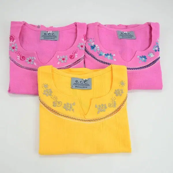 short sleeve shirts, comes in bundles of three, they are embroidered on the top and they come in different colors, this set comes in, pink, pink, and yellow