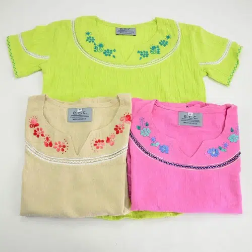 short sleeve shirts, comes in bundles of three, they are embroidered on the top and they come in different colors, this set comes in, lime, pink, and brown