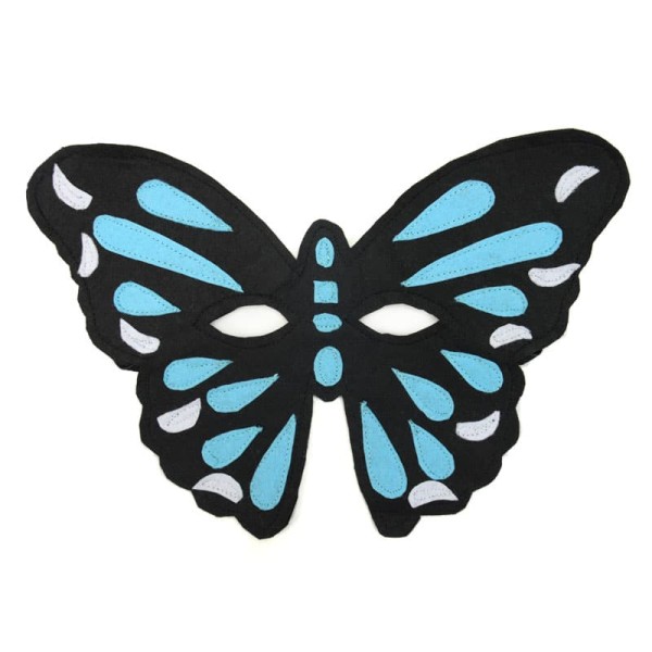 A felt play mask of a butterfly, this color is black with white, and blue