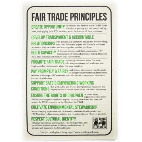 A sheet of paper that tells you the fair trade principles