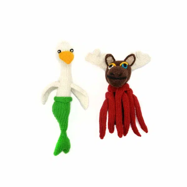 Two stuffed animals, made out of wool