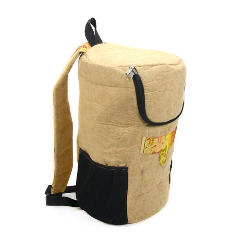 tan cylinder shape rano backpack with tribal accents